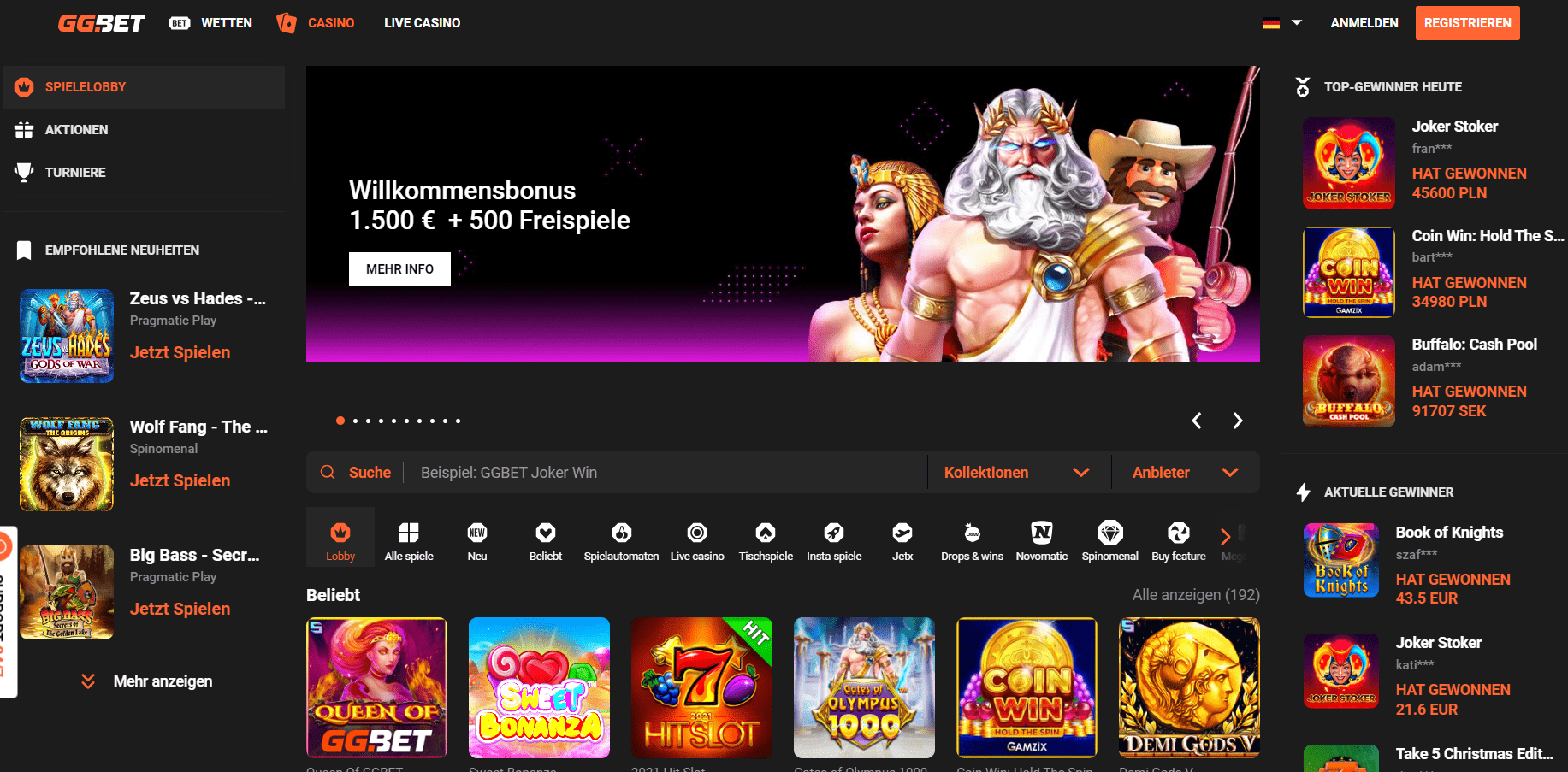 GGbet Casino Homepage