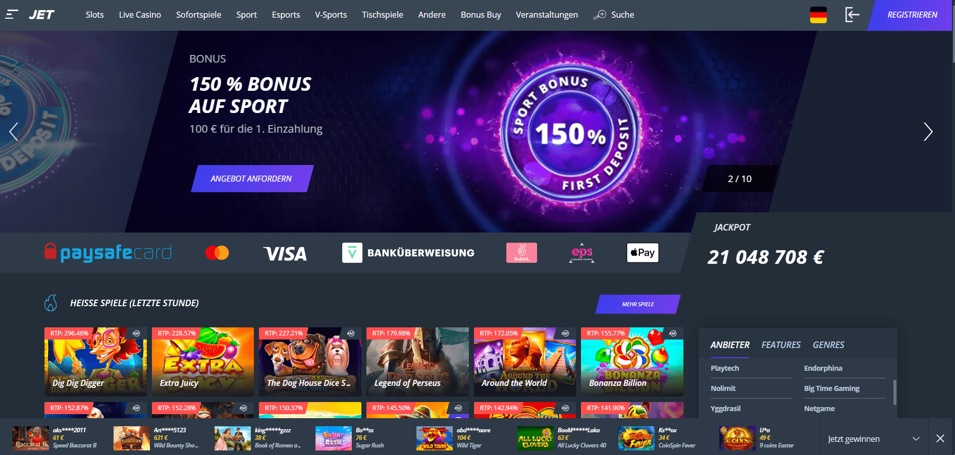 Jet Casino Homepage