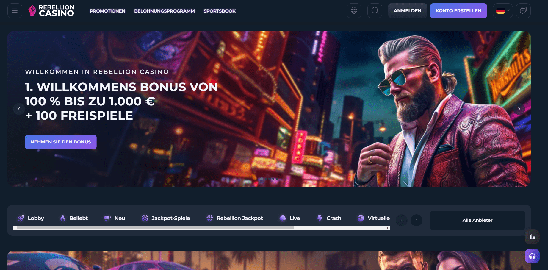 Rebellion Casino Homepage