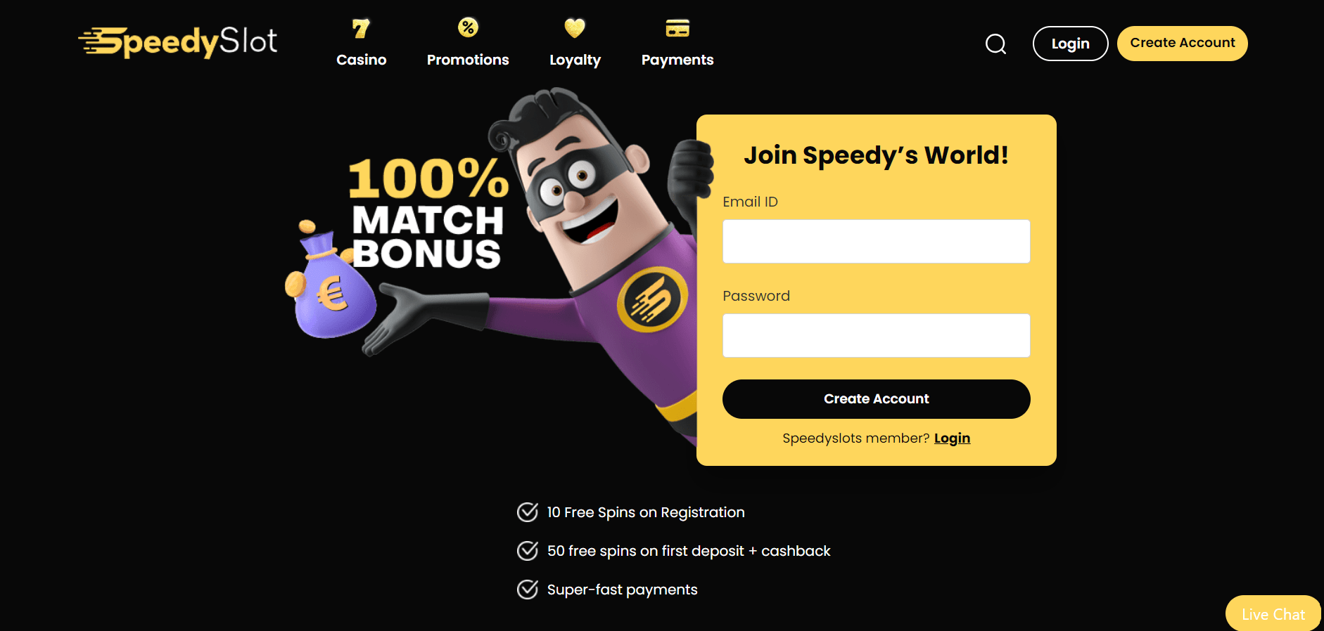 SpeedySlot Casino Homepage