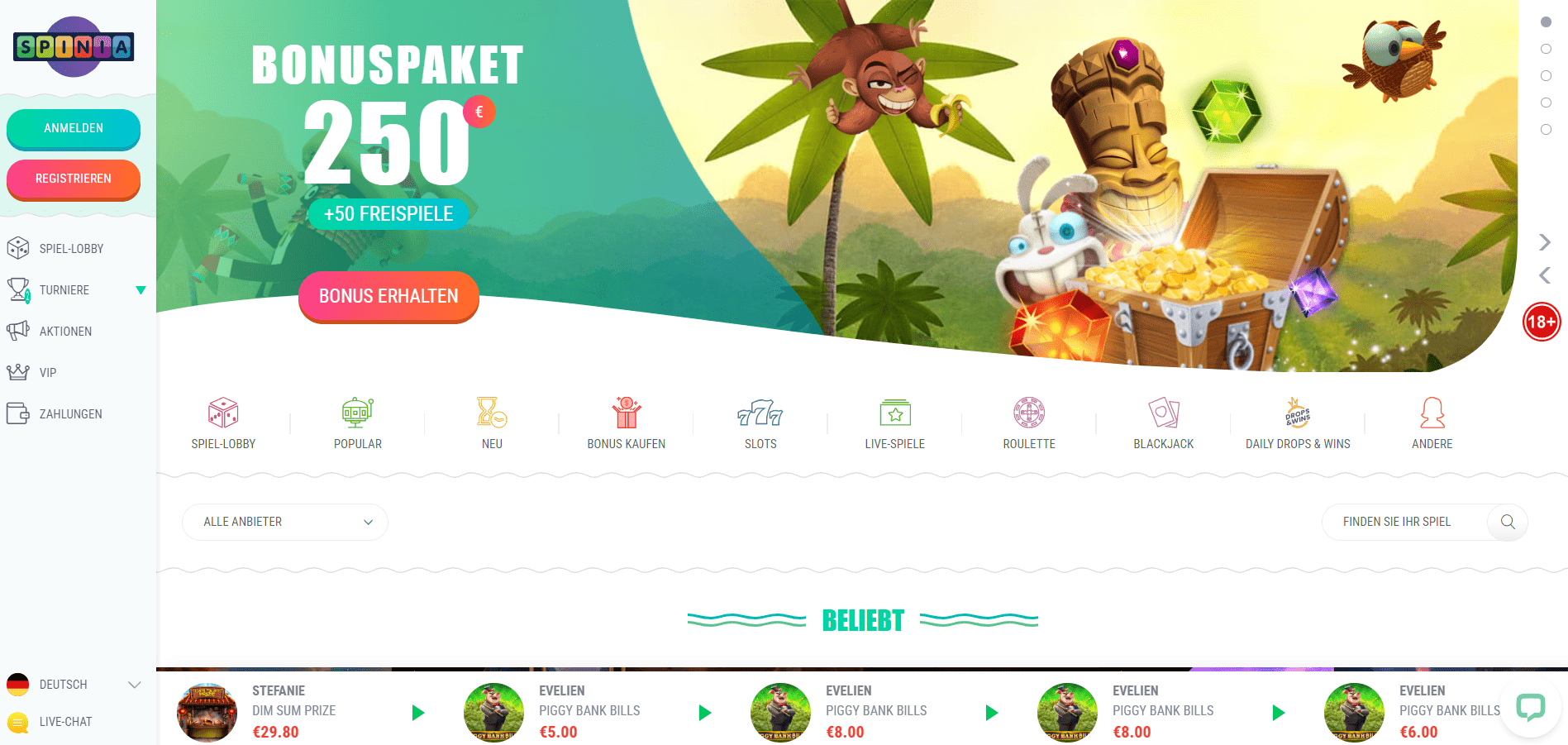 Spinia Casino Homepage