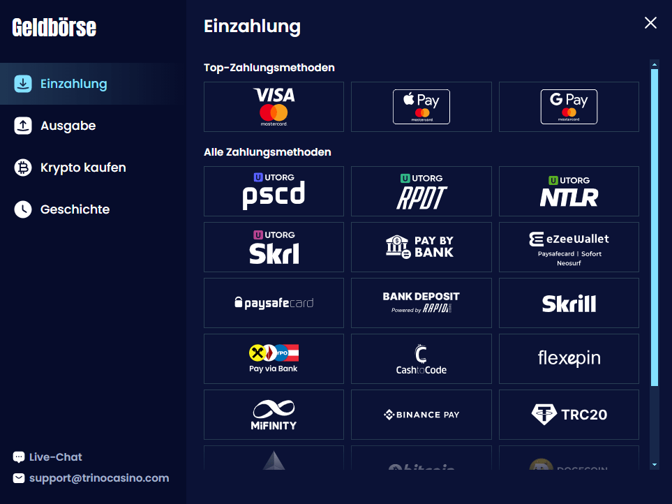 Trino Casino Zahlungsmethoden