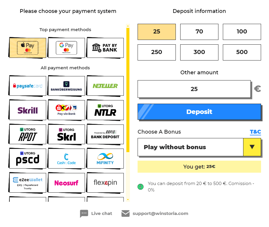 Winstoria Casino Zahlungsmethoden
