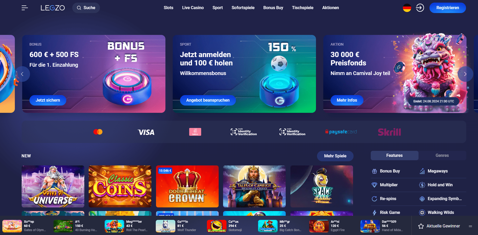 Legzo Casino Homepage