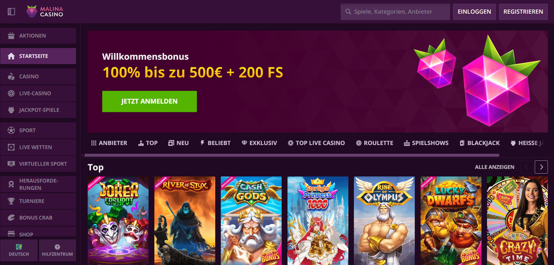 Malina Casino Homepage