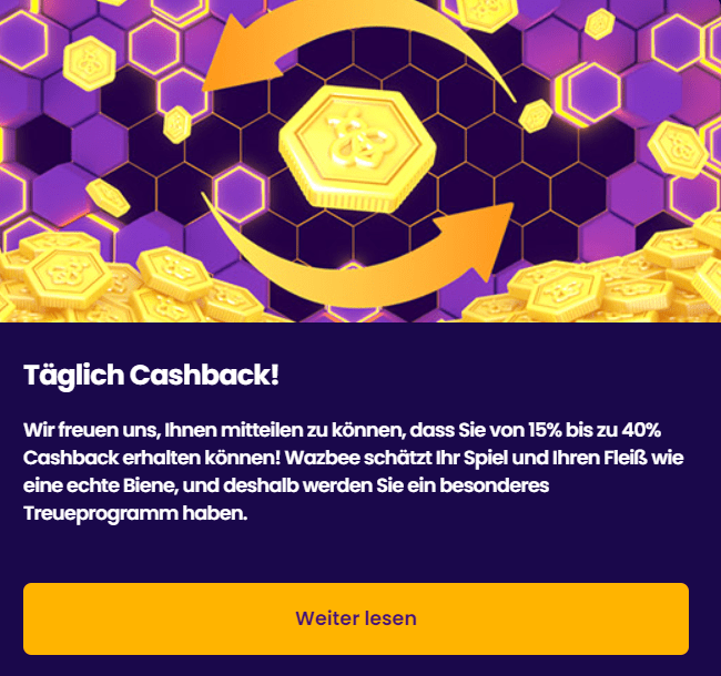 Wazbee Casino Cashback Bonus