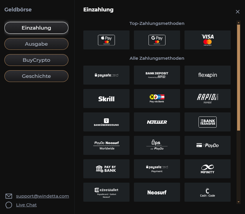 Windetta Casino Zahlungsmethoden