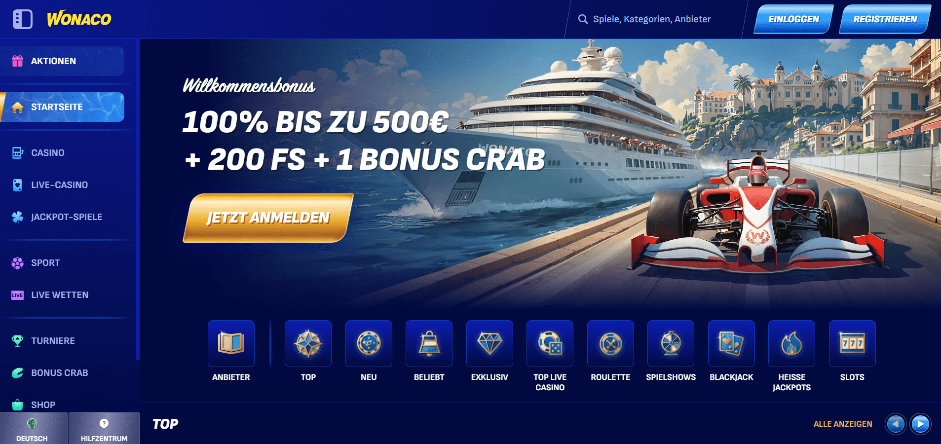 Wonaco Casino Homepage