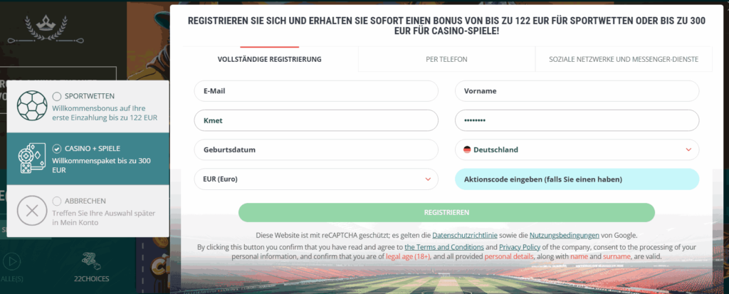 22bet registration