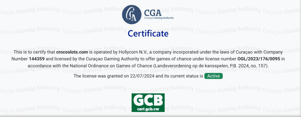 crocoslots certificate
