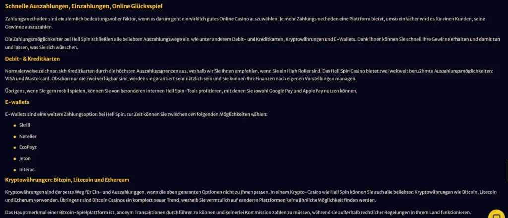 hellspin payment methods