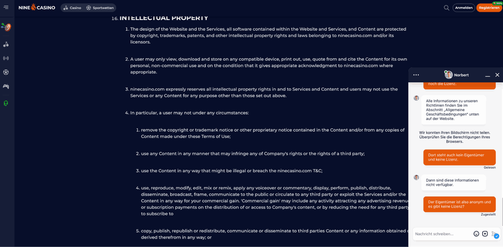nine casino support chat