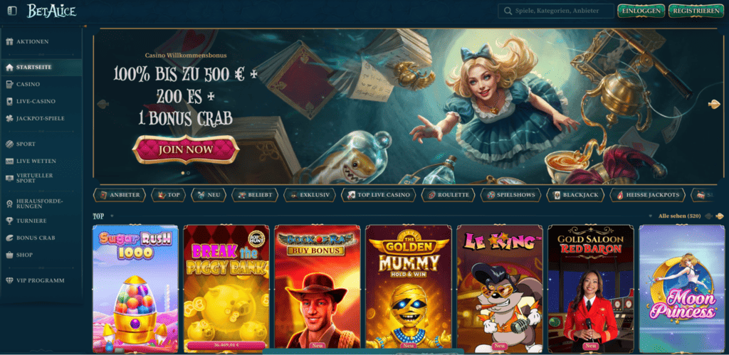 BetAlice Casino Hauptseite
