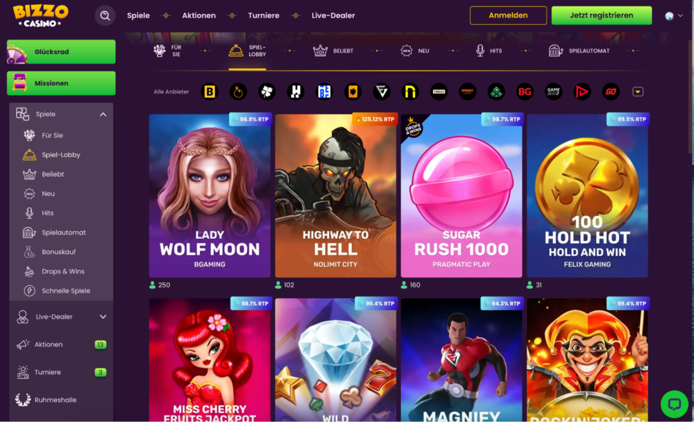 Bizzo Casino Spielauswahl und Anbietern