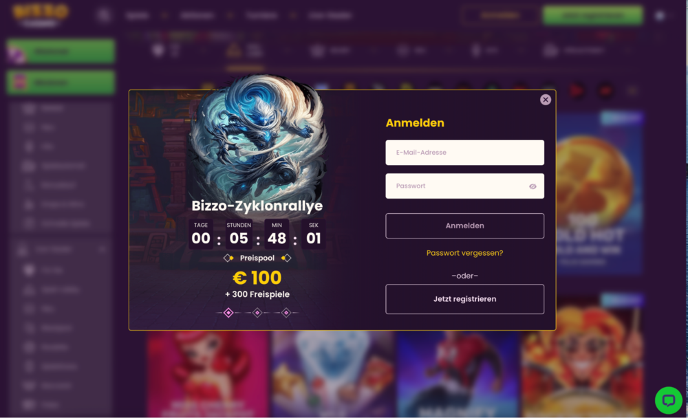 Bizzo Casino Struktur der Navigation