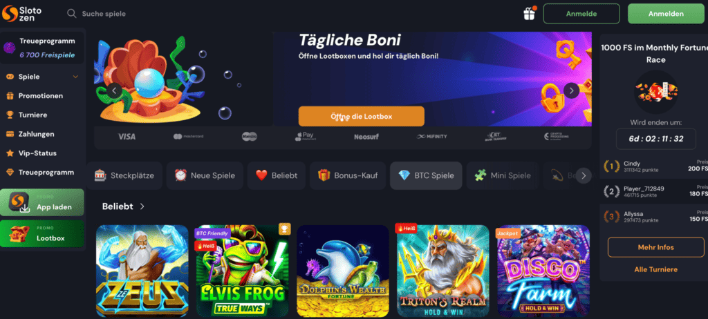 Slotozen Casino Hauptseite
