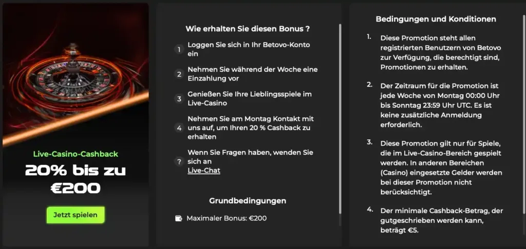 betovo live casino cashback