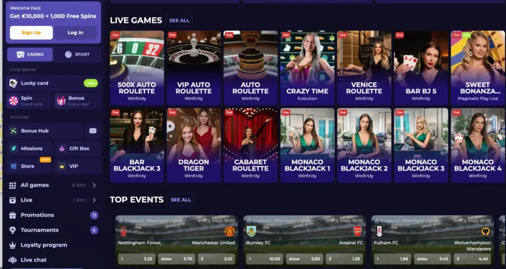 corgi slot live casino